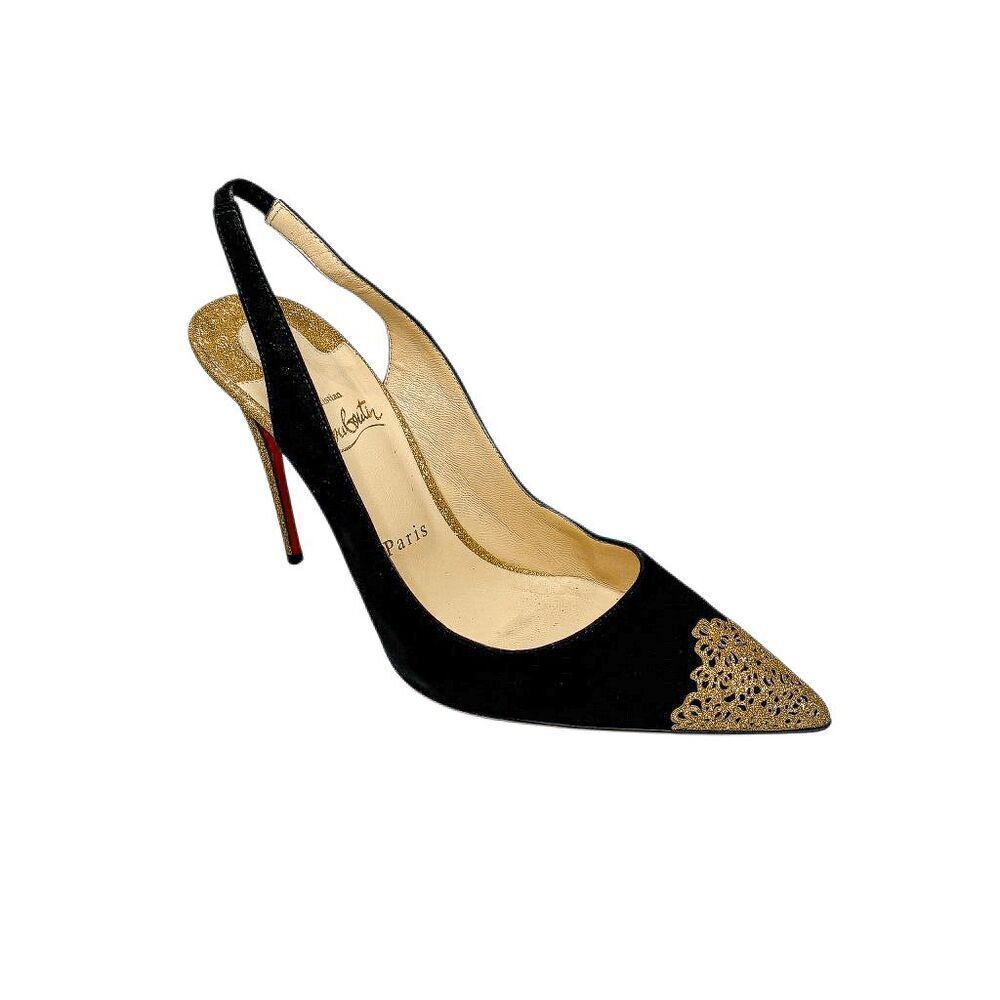 Christian Louboutin Almine 100 Black Gold Slingback Pumps EU 39.5 Stiletto Heels
